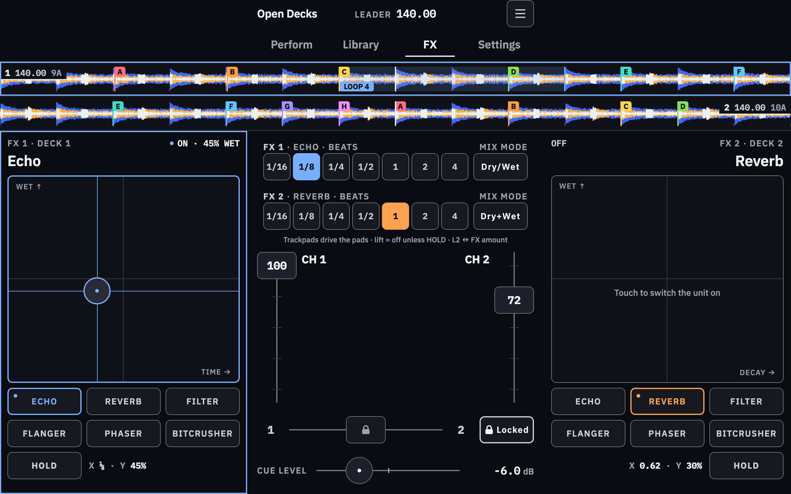 FX screen: an XY pad per deck at the outer edges, effect chips, beat division chips and the channel faders in the centre