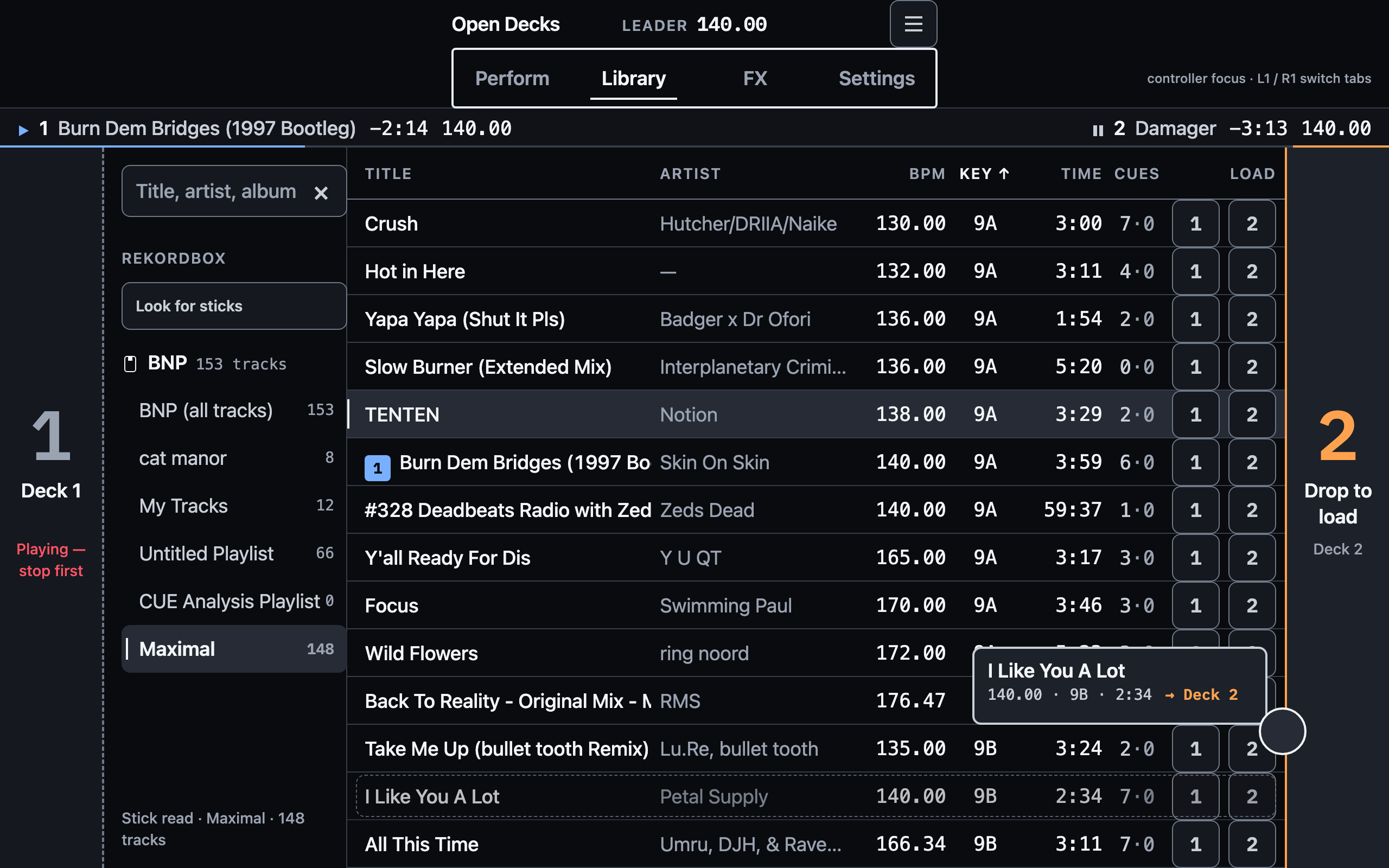 Library screen: rekordbox playlists in a sidebar, a track table with BPM, key, time and cue counts, a track mid-drag toward the deck 2 drop zone