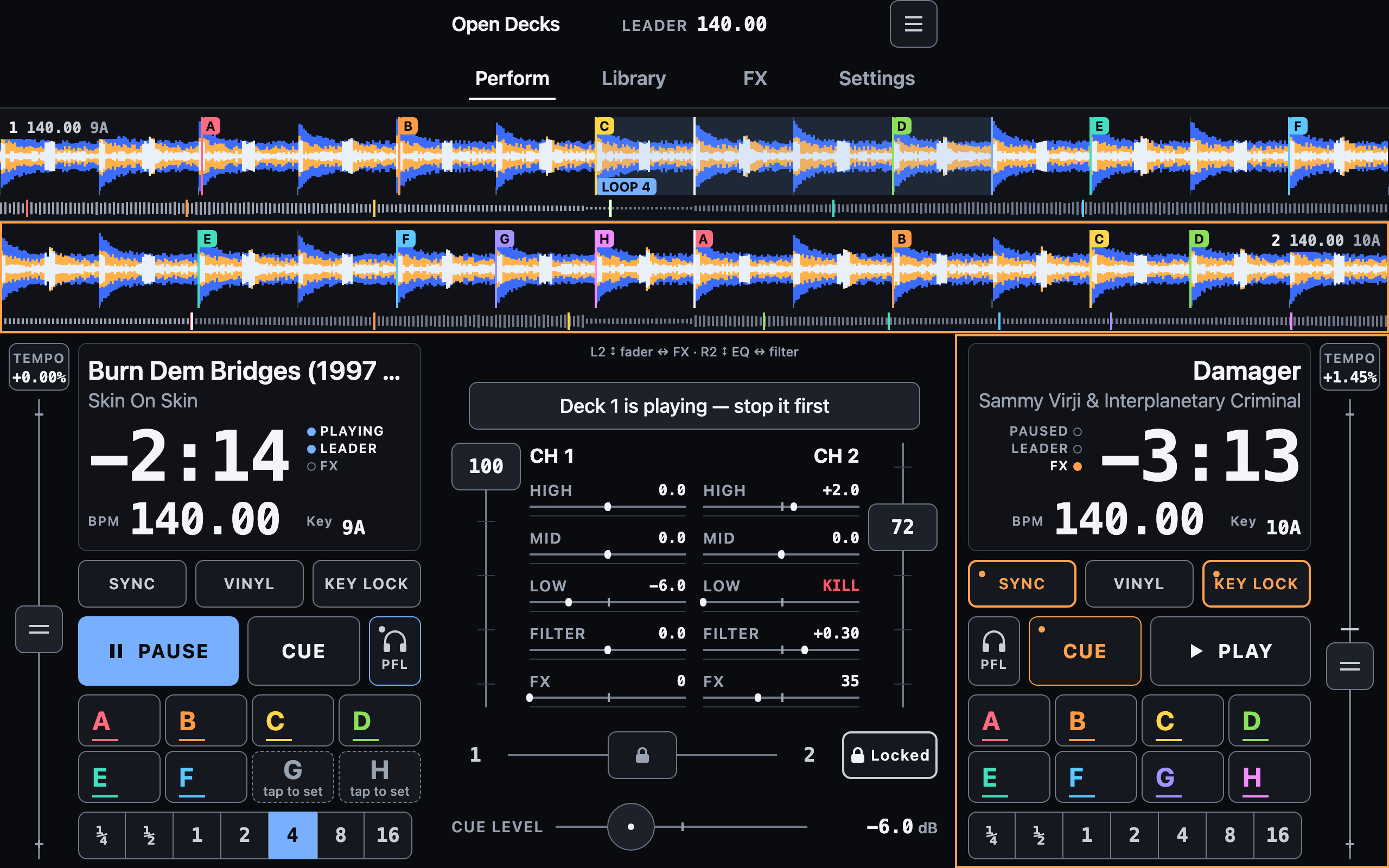 Perform screen: two stacked colour waveforms, deck panels at the outer edges with play, cue, hot cue pads, loop chips and a tempo fader, the mixer in the centre