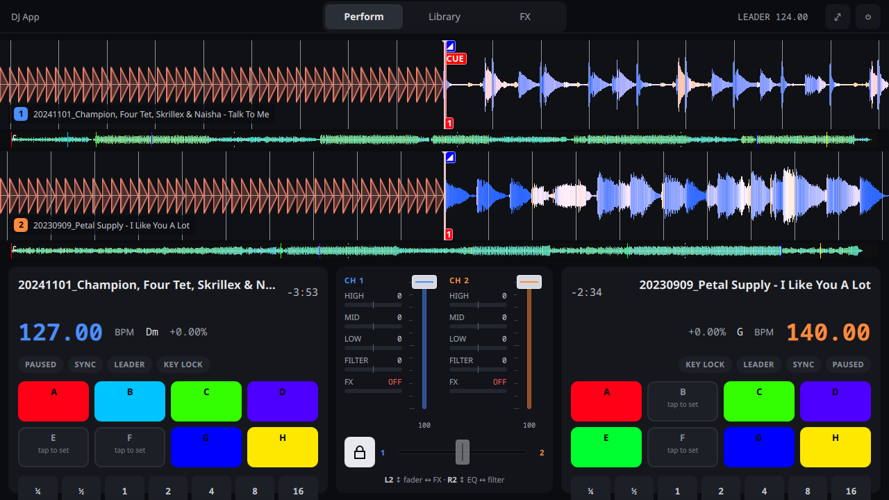 The app running on a Steam Deck today: two loaded tracks with colour waveforms, hot cue pads and the mixer in the current placeholder styling